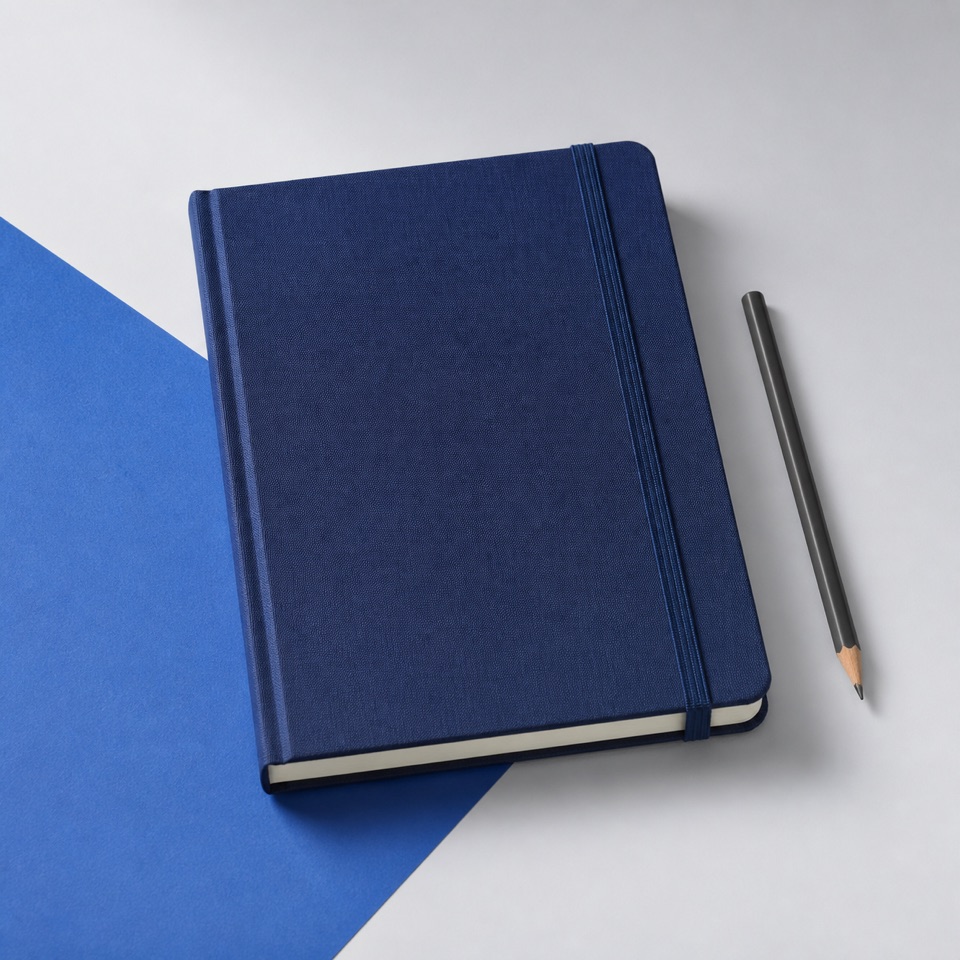 A deep blue clothbound notebook with a graphite pencil