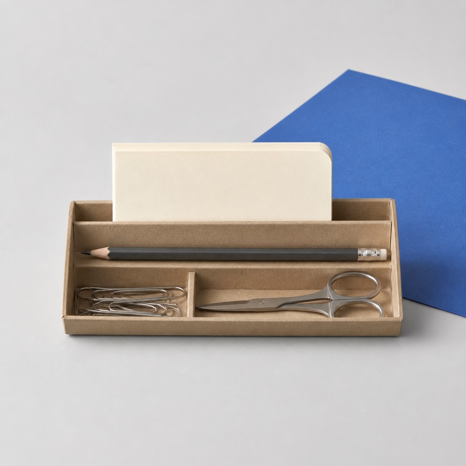 A cardboard desk organizer with memo cards, a pencil, clips, and scissors